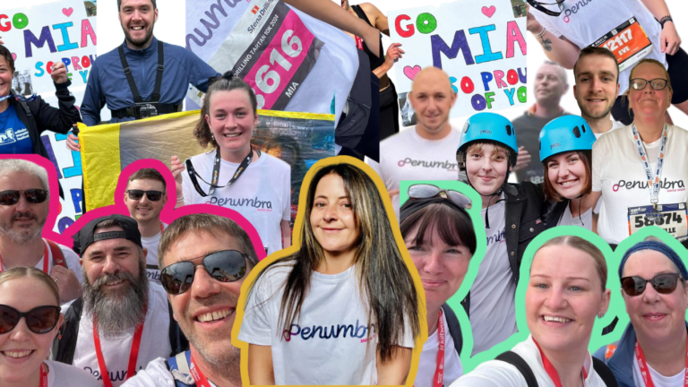 Image shows a mash up of all our supporters in their fashion forward penumbra tee shirts after taking part in events through may and june